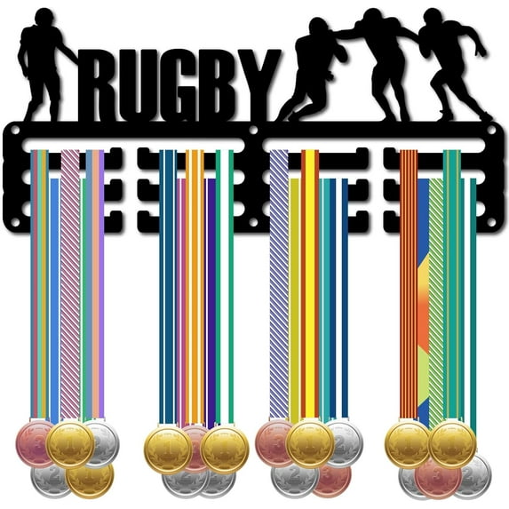 Rugby Medal Holder Display Medal Hanger Rack Sports Frame Iron Small Hooks Wall Mount Metal Medal Hangers Organizer for Hanging Over 40 Medals Awards Player Medalist 11.4 x 5.1Inch Black