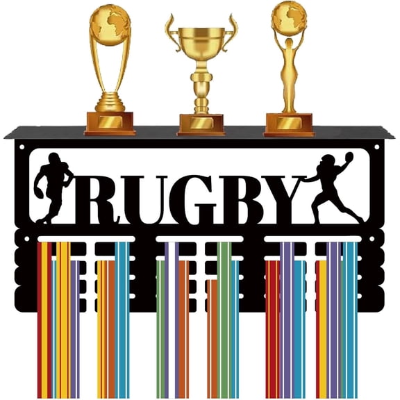 Rugby Medal Holder with Shelf Medal Hanger Display Rack Sports Iron Wall Mount Frame Hook Trophy Medal Hangers Organizer 15.7 x 7.9Inch