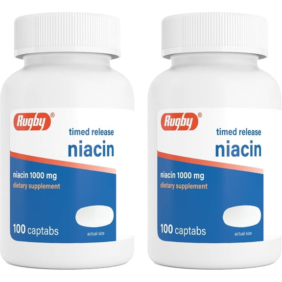 Rugby Timed-Release Niacin 1000mg Captabs for Adults, 100 Count (2-Pack)