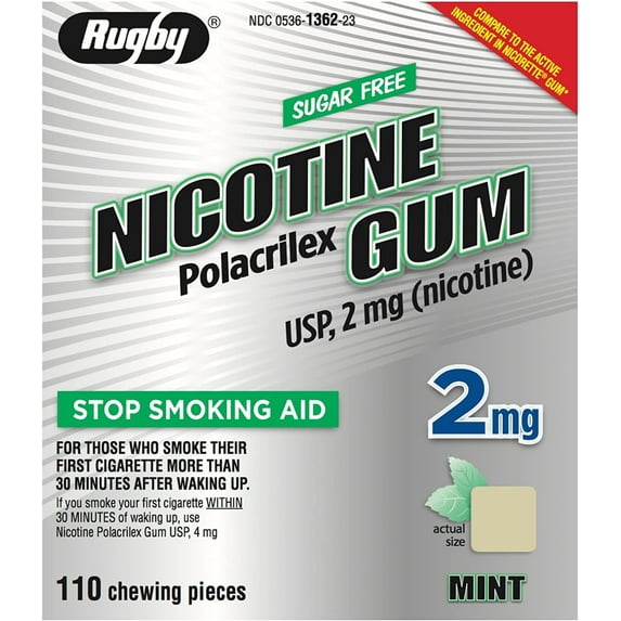 Rugby Nicotine Gum, 110 Pieces, Uncoated, Sugar-Free, Mint Flavor, Stop Smoking Aid