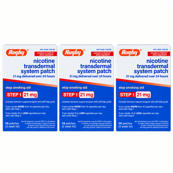 Rugby Nicotine Patches, Step 1, 21 mg, 14 Count, Stop Smoking Aid 3 Pack