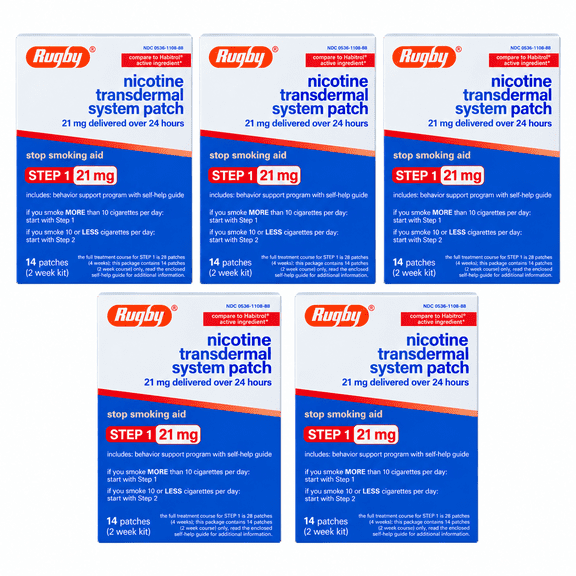 Rugby Nicotine Patches, Step 1, 21 mg, 14 Count, Stop Smoking Aid 5 Pack