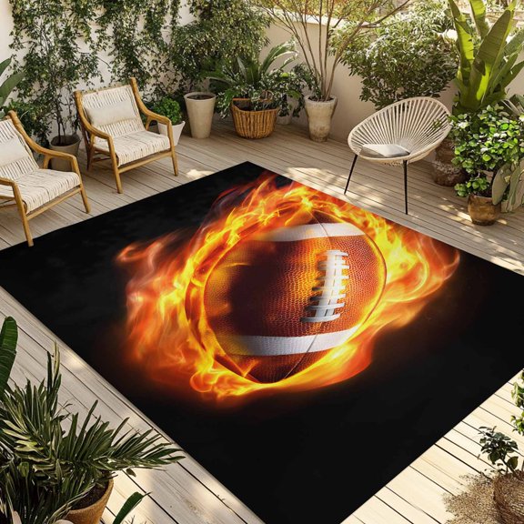 Rugby Outdoor Rug 5x7 Ft - Reversible Patio Rug Outdoor Camping Rugs, Modern Buruning Flame Sport Black Background Washable Indoor Outdoor Area Rugs, Non-Slip Outdoor Carpet Runner for Deck/Porch