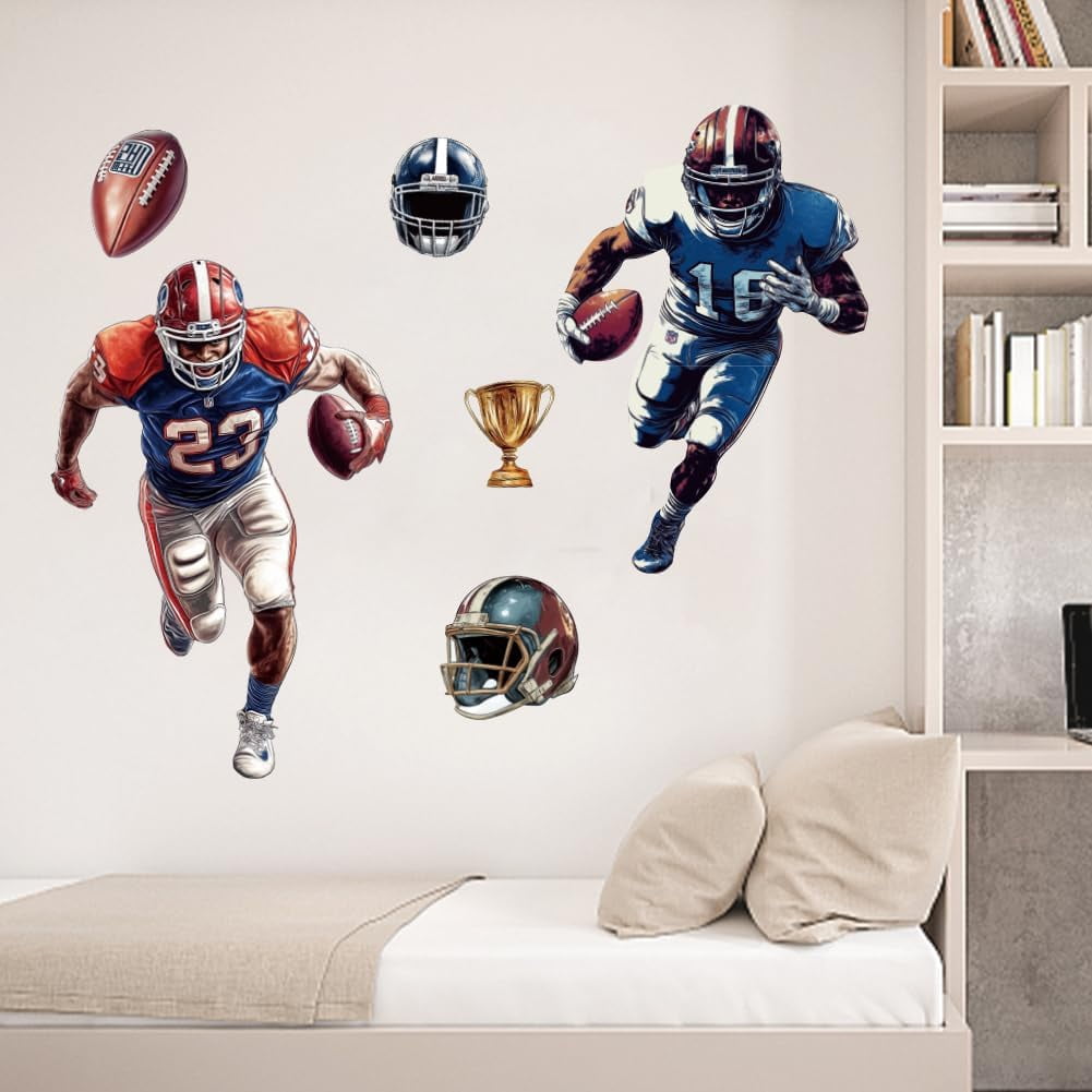 Rugby Player Wall Stickers Football Wall Decal Helmet Trophy Wall Art Decor Sports Window Sticker Room Art Decorations Decor for Room Gymnasium Classroom Playroom School