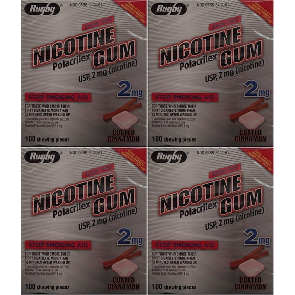 Rugby Polacrilex 2mg Nicotine Gum - Smoking and Vaping Quitting Aid - Sugar-Free - 100 Count - Coated Cinnamon Flavor (4 Pack)