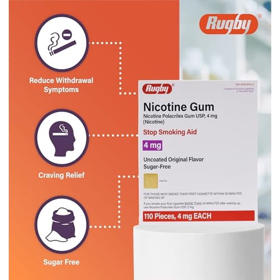 Rugby Polacrilex 4mg Nicotine Gum - Smoking and Vaping Quitting Aid - Sugar-Free - 110 Count - Original