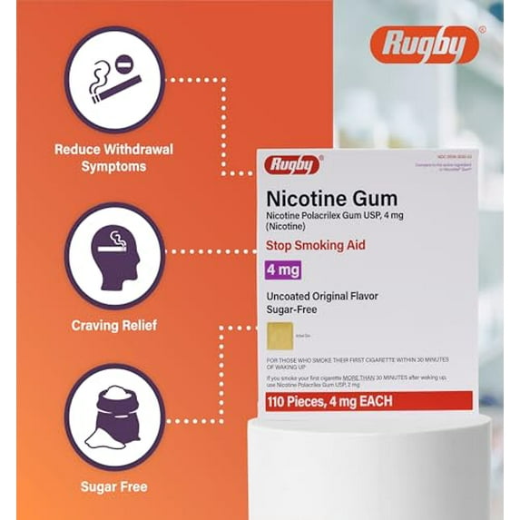 Rugby Polacrilex 4mg Nicotine Gum - Smoking and Vaping Quitting Aid - Sugar-Free - 110 Count - Original