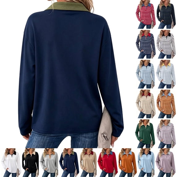 Rugby Polo Shirts Women 2026 V Neck Button Down Long Sleeve Striped Tops Collared Plus Size Blouses Spring Fall Winter Navy XXL