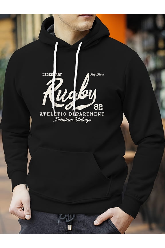Rugby Print Kangaroo Pocket Hoodie, Casual Long Sleeve Hoodies Pullover Sweatshirt, Men's Clothing, For Fall Winter