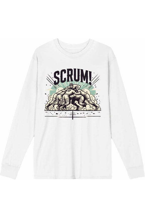 Rugby Scrum! Adult White Crew Neck Long Sleeve Tee-Large