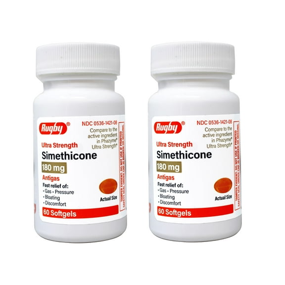Rugby Ultra Strength Simethicone Gas Relief 180 mg, Gas Relief for Adults, Anti Flatulence, Bloating Aid, and Gas Fullness Reliever Pills - 60 Softgels - 2 Pack