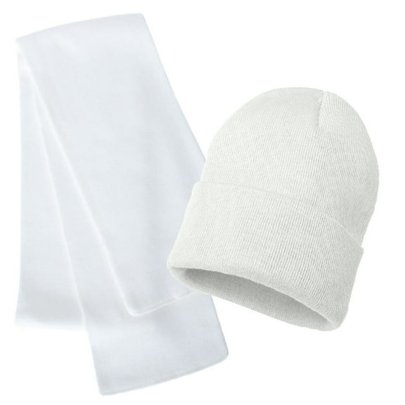 Rugby Solid Plain Long Beanie & Scarf Knit Sports Winter Set for Men & Women - Stay Warm & Stylish (White)