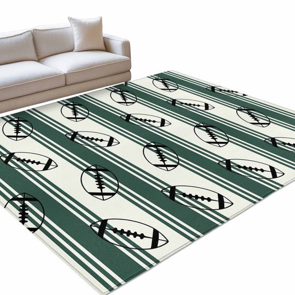 Rugby Sport Area Rug, Vintage Dark Green White Striped Classic Abstract Non-Slip Felt Rubber Backing Rectangle Indoor Carpet Washable Rugs for Living Room Bedroom 9x12