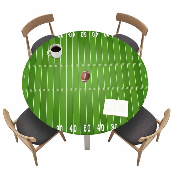 Rugby Sport Fitted Tablecloth with Elastic Edged, Round Table Cloth for Dining Table, American Football Field Stadium Waterproof Oil Proof Table Cover for Indoor Outdoor 36"-44"