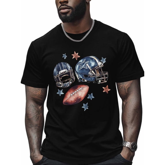 Rugby Sport Men's T Shirts Helmets T-Shirt for Men Watercolor Star Crew Neck Tees Cotton Tops, Black, L