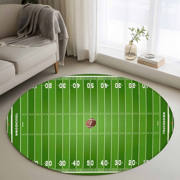 Rugby Sport Round Area Rug 3.3 FT, Non Slip Small Entryway Kitchen Mat, American Football Field Stadium Washable Soft Circular Rug Non-Shedding Door Mat for Bathroom Playroom Kids Room