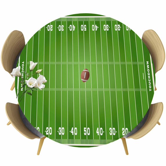 Rugby Sport Round Tablecloth, Fitted Table Cover with Elastic for 45"-54" Round Tables, American Football Field Stadium Table Cloth Outdoor Indoor Dinning Party Waterproof Tablecloths