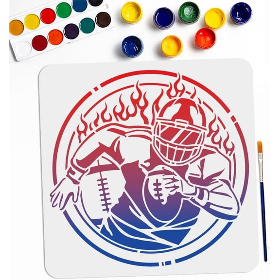 Rugby Stencil Template 11.8x11.8 Inch Reusable - Football Player Design for Wood Canvas Furniture Painting Crafts DIY Home Decor Art Supplies with Brush Mixed Color 1bag