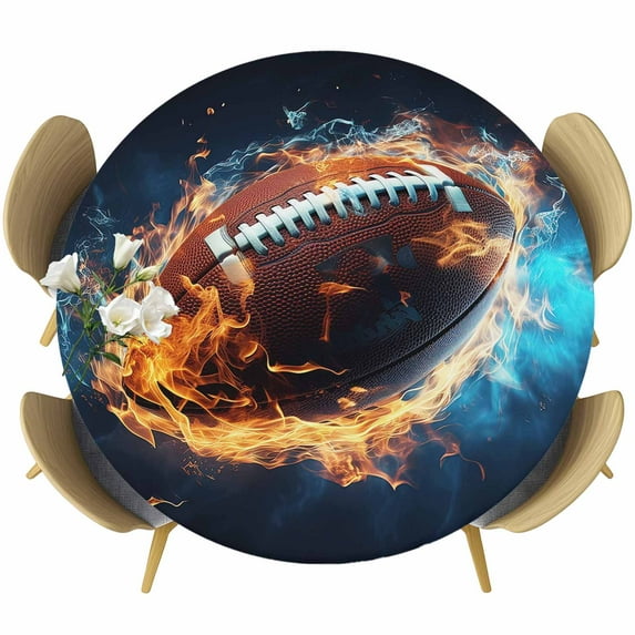 Rugby Table Cloth, Round Fitted Tablecloths with Elastic Edge, Football Flame Modern Abstract Art Wipeable Waterproof Table Cover for Kitchen Wedding 36-44 Inches