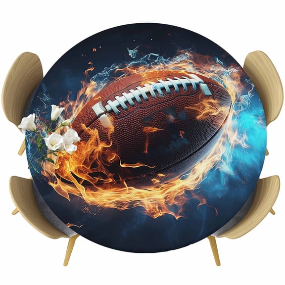 Rugby Table Cloth, Round Fitted Tablecloths with Elastic Edge, Football Flame Modern Abstract Art Wipeable Waterproof Table Cover for Kitchen Wedding 36-44 Inches