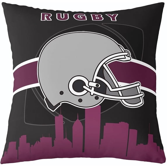 Rugby Throw Pillow Cover Boys Football Pillow Cover 16x16 Inch American Football City Cushion Cover for Kids Men Youth Ball Game Sports Decorative Accent Pillow Case, Black