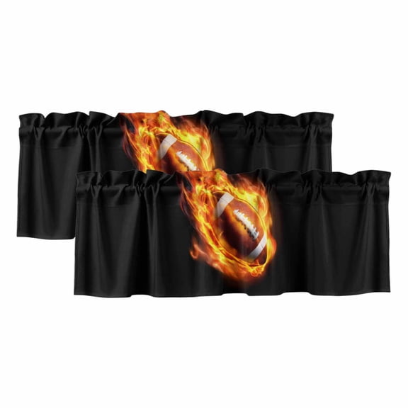 Rugby Valances for Windows, Decorative Rod Pocket Window Valance Curtains, Modern Buruning Flame Sport Black Background Short Curtain Drapes for Kitchen/Bathroom/Living Room, 2 Panels, 42" W x 12" L