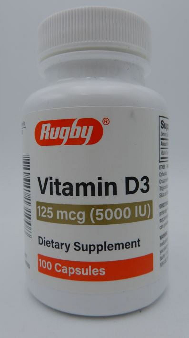 Rugby Vitamin D3 Dietary Supplement 125 mcg (5000 IU) 100 Capsules