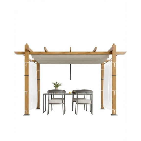 Rugerasy 10×10 FT Aluminum Pergola,Retractable Waterproof Canopy,Mesh Side Curtains,Waterproof Outdoor Patio Gazebo,Beige