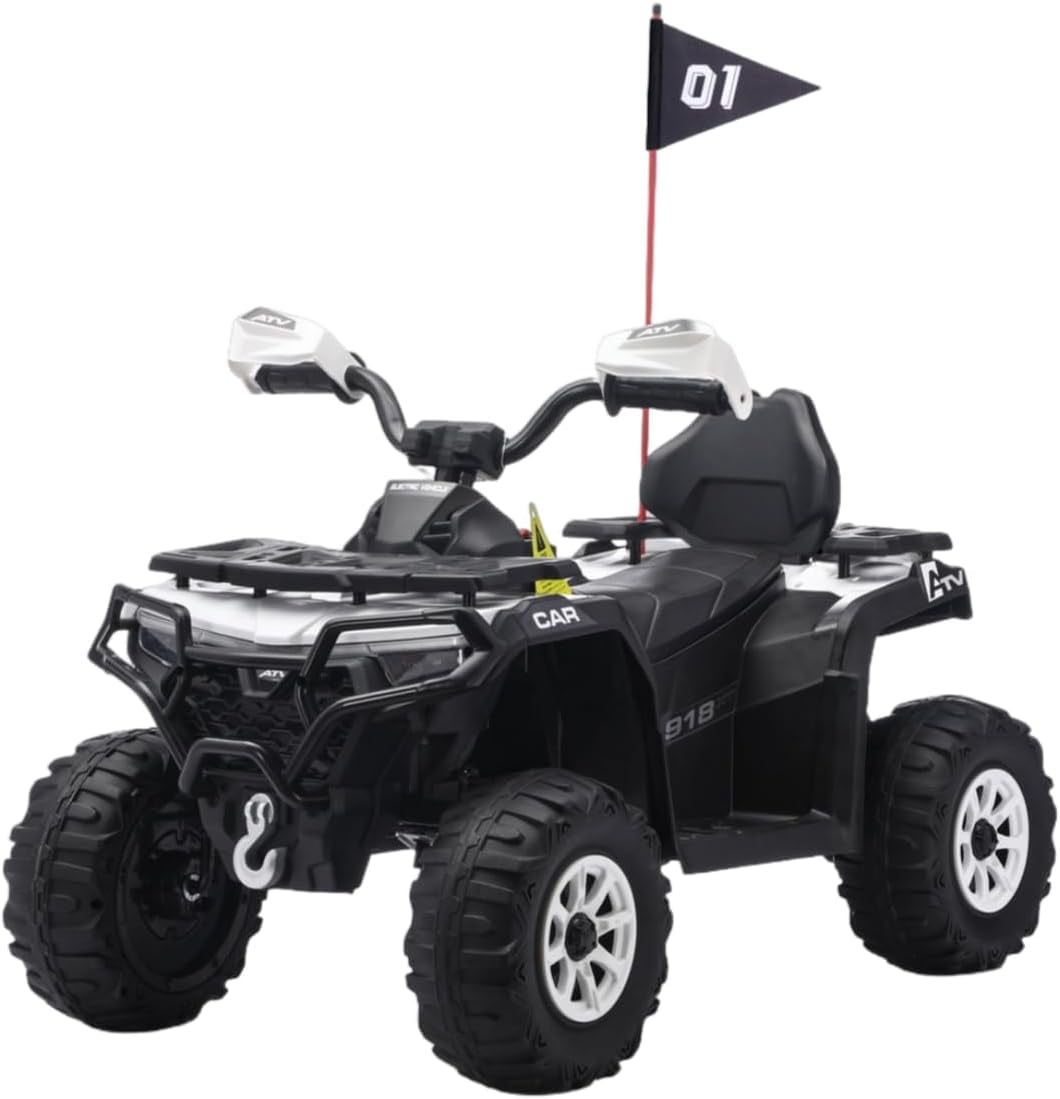 Rugerasy 12V 4 Wheeler ATV,Ride on Eletric Motorcycle, 2-Seater Electric Vehicle Toy Car with High&Low Speed, Music, Led Lights for 3-8 Years,White