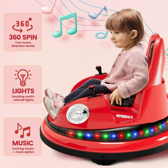 Rugerasy 12V Bumper Car, Electric Toy Ride on Battery Car with with Parent Remote Control, 2-Speed, 360 Degree Spin, Music & LED Lights,Red