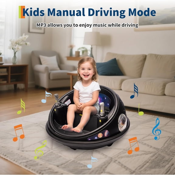 Rugerasy 12V Electric Bumper Car with 360° Spin,LED Lights,Music,Remote Control & Safe Soft Bumper,Indoor Outdoor Ride On Toys,Black