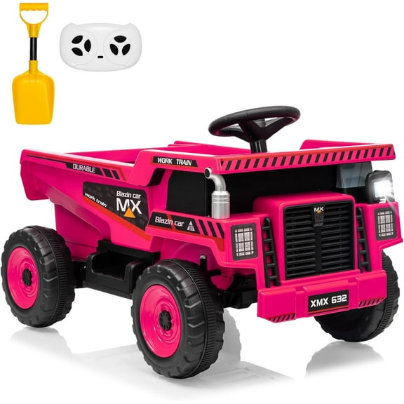 Rugerasy 12V Ride on Dump Truck with Remote Control, Electric Dump Bed & Shovel, Construction Vehicle Ride on Toy with Spring Suspension, Music, and LED Lights,Rose Red