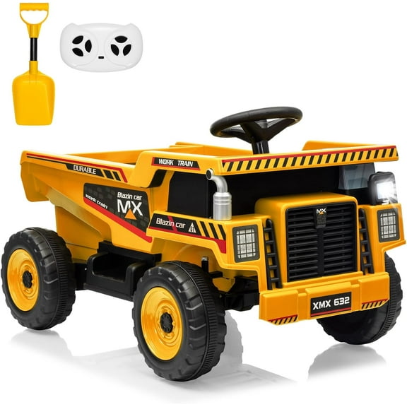 Rugerasy 12V Ride on Dump Truck with Remote Control, Electric Dump Bed & Shovel, Construction Vehicle Ride on Toy with Spring Suspension, Music, and LED Lights,Yellow