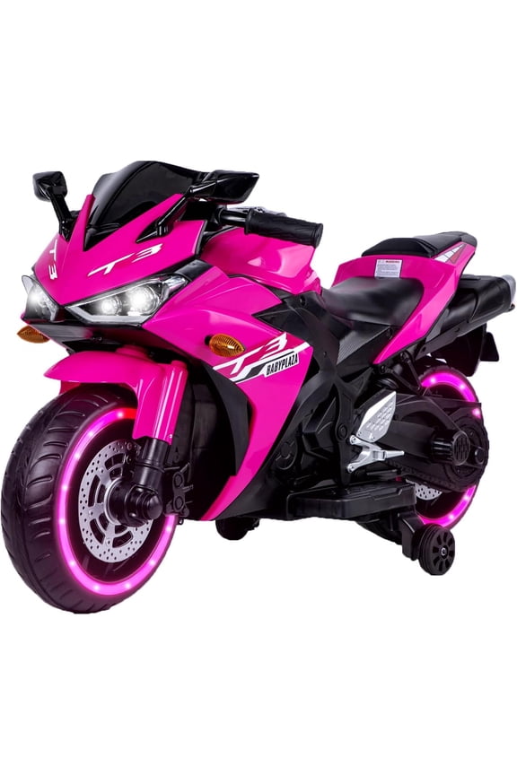 12V Ride On Powered Motorcycle with Training Wheels,Manual Throttle,LED Lights,Music,USB,MP3,Pink