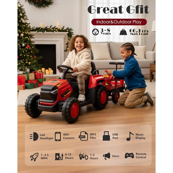 Rugerasy 12V Ride on Tractor with Detachable Garden Cart,Electric Vehicle Remote Control with Trailer for Ages 3–8,Max Load 66 Lbs,Up to 2.5 Mph,Battery-Powered 8-Wheel,Red