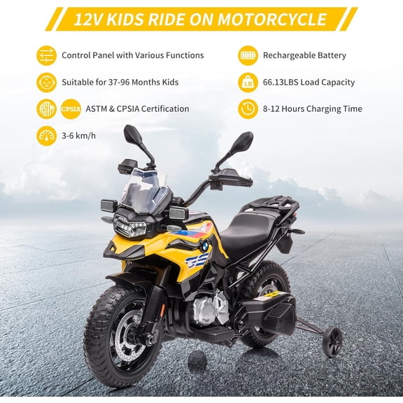 Rugerasy 12V Ride on Toy,Electric Motorcycle with Training Wheels,Dual Speed,MP3 Music,LED Lights & Storage Box for 3-8 Years Old,Yellow