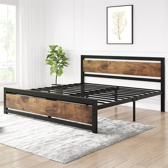 Rugerasy 14 Inch Bed Frame Platform with Headboard,Industrial FULL Bed Platform Frame with Heavy Duty Steel Slat,No Box Spring Needed Easy to Assemble Wooden Bedframe,FULL,Retro