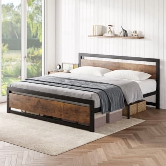 Rugerasy 14 Inch Bed Frame Platform with Headboard,Industrial King Bed Platform Frame with Heavy Duty Steel Slat,No Box Spring Needed Easy to Assemble Wooden Bedframe,King,Retro