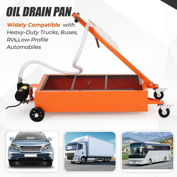 Rugerasy 15GAL-12V Oil Drain Pan with 180W Electric Pump,Metal Oil Change Pan Cart with 8FT Hose & Folding Handle for Cars,SUVs,Trucks,,Orange