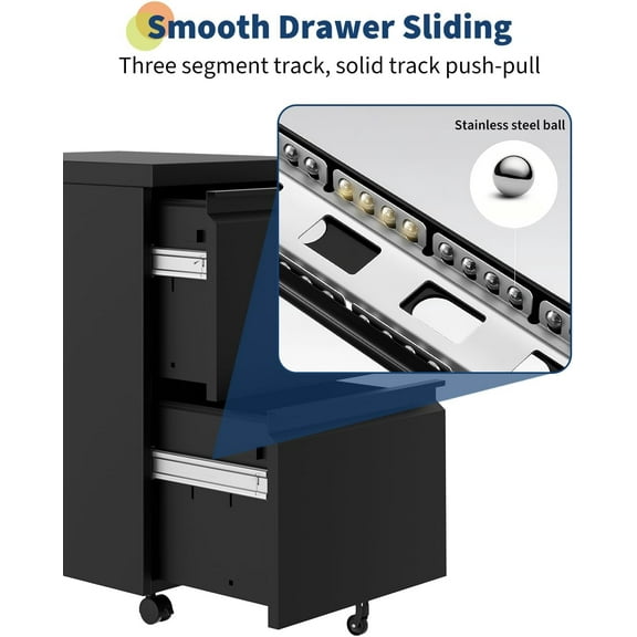 Rugerasy 2-Drawer File Cabinet On Wheels, Under Desk Metal Rolling Filing Cabinets with Lock, Small Rolling File Storage for Home Office Organizer Letters/Legal/A4,Black