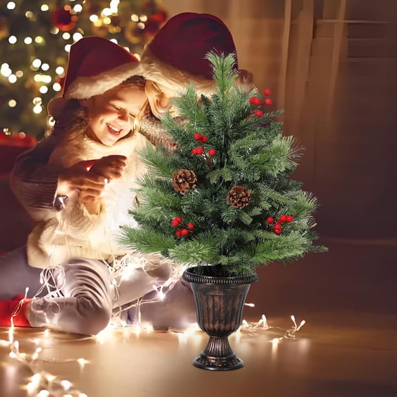 Rugerasy 2 Ft Artificial Mini Christmas Tree,Tabletop Christmas Tree with 70 LED Warm Lights,Artificial Tree with Pine Cone & Red Berry for Tabletop,Indoor and Outdoor Decor