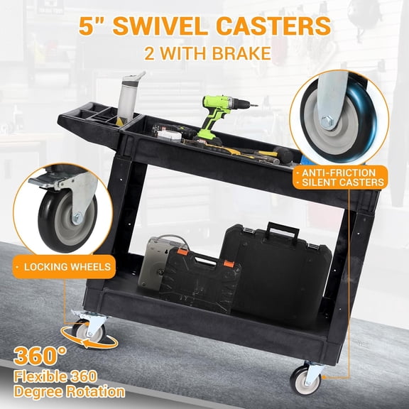 Rugerasy 2-Shelf Large Heavy Duty PP Service Cart 45.7x25.6 Inch,Rolling Utility Cart with 360° Swivel Wheels,550LBS,Oversize Shelf,Storage Handle,for Warehouse,Black