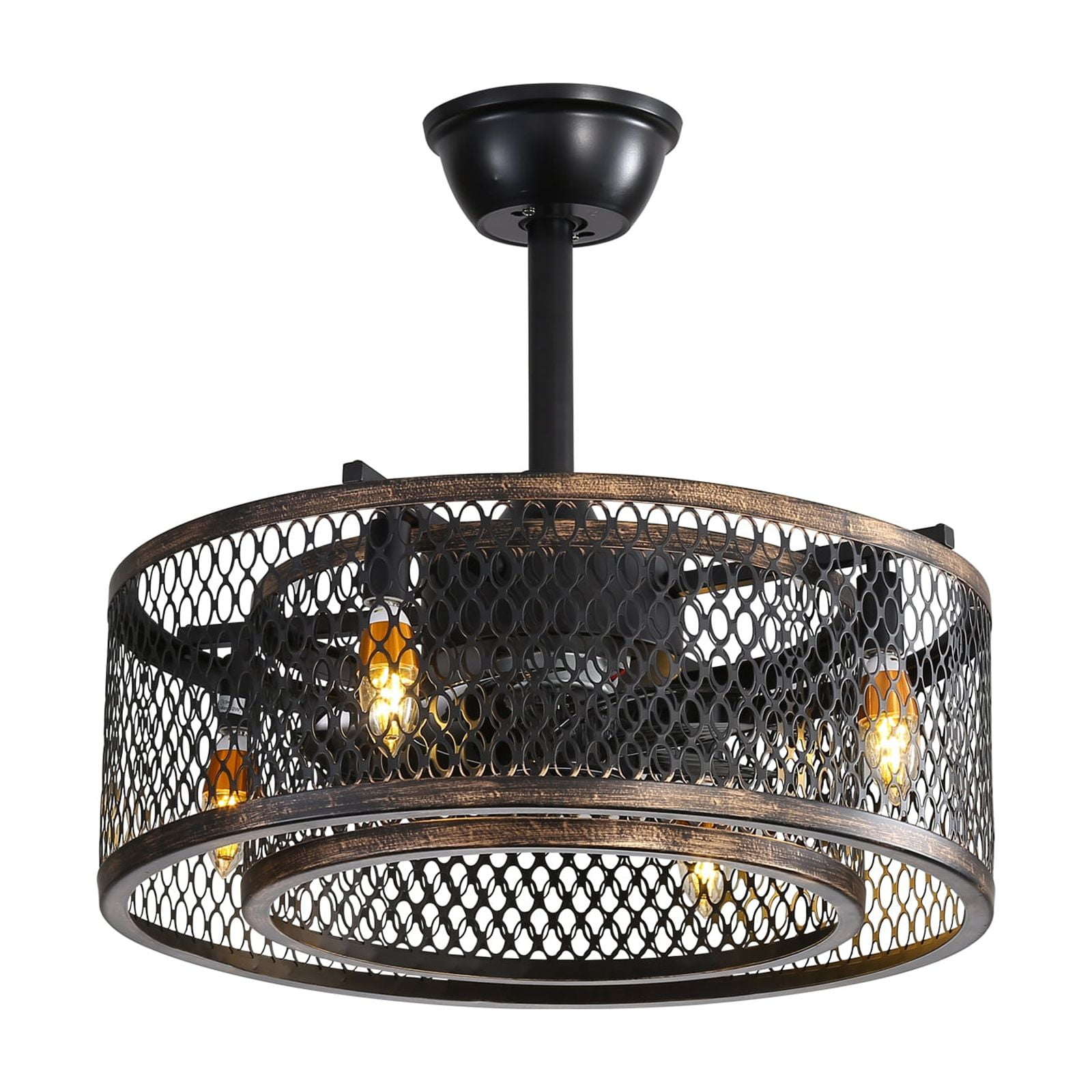 20" Black Steel Caged Ceiling Fan with Warm Lighting and Remote Control