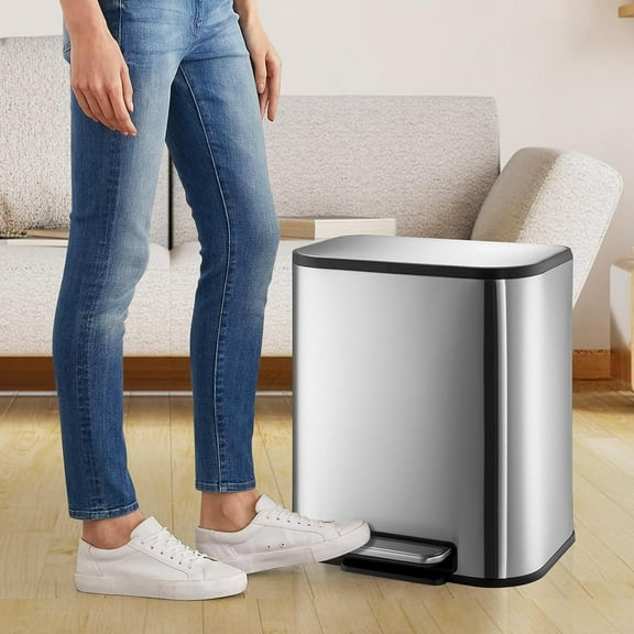 Rugerasy 20L Tall Kitchen Garbage Can,Hands-Free Stainless Steel Trash Can,Soft-Close Step Pedal,Rectangular Smudge Resistant Kitchen Trash Can with Removable Inner Bucket