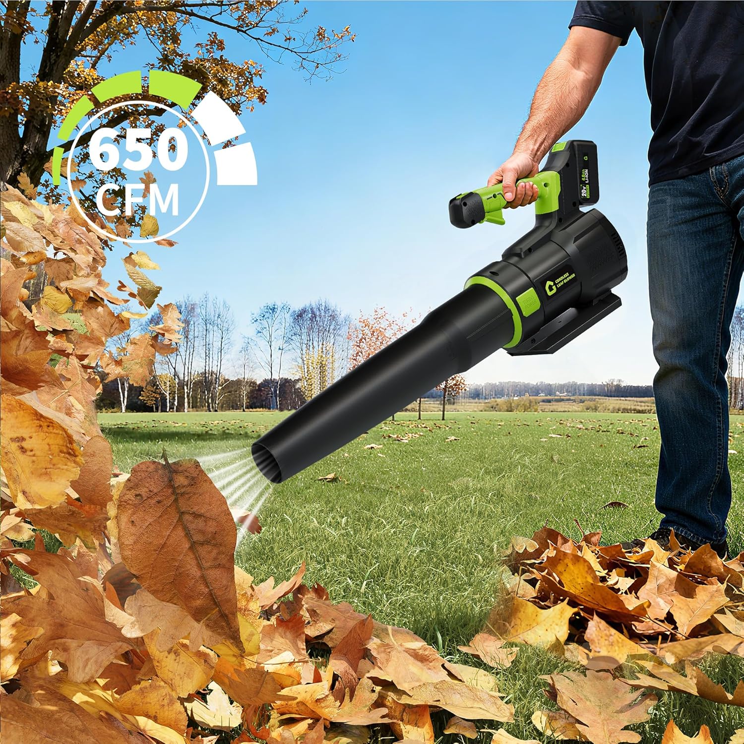 Rugerasy 20V High-Power Cordless Wireless Leaf Blower,Brushless Motor,Lightweight,Battery PoweRed Electric Blower for Lawn,Patio,Garden Cleaning,Black + Green