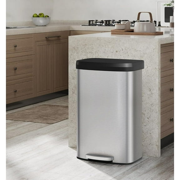 Rugerasy 21 Gallon/80 Liter Metal Trash Can with Lid,Large Garbage Can for Kitchen,Rustproof Step-on Kitchen Metal Trash Bin with Liner Rim,Rear Handle,Soft Close Plastic Lid,Stainless steel color
