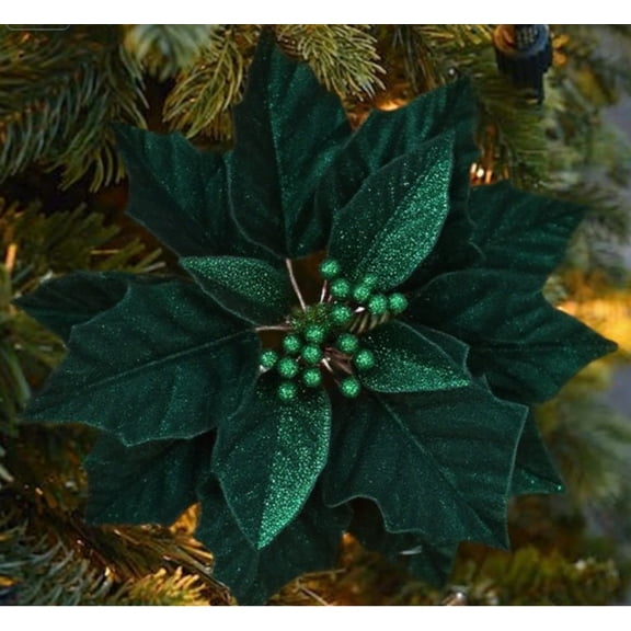 Rugerasy 24PCS 6.3 Inch Flowers with Glitter,Artificial Christmas Flowers for Wreaths,Crafts,Centerpieces and Holiday Decor,Dark Green