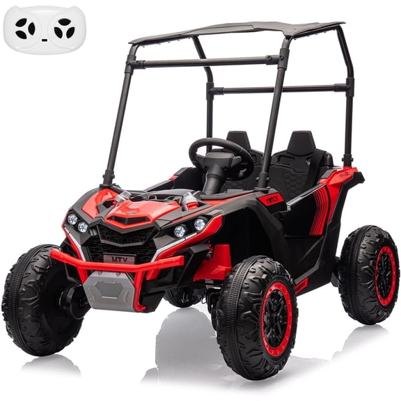Rugerasy 24V 2 Seater Ride On for Ages 3+,4WD Electric UTV Truck,Remote Control Off Road Ride On with Sun Shade,4 Shock Absorbers,LED Lights,Music & 3 Speeds,Red