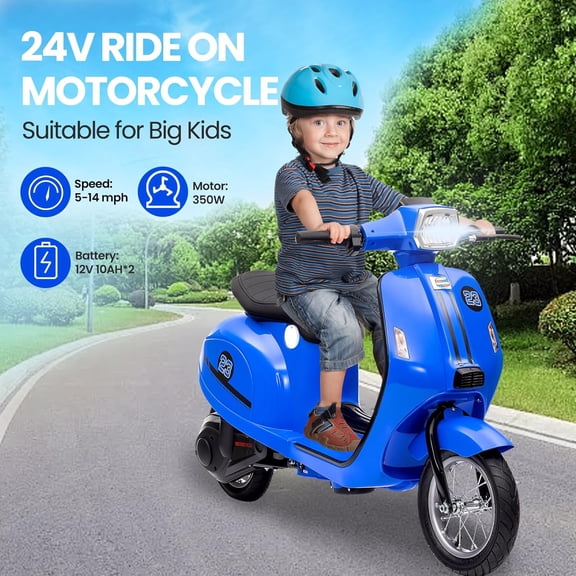 Rugerasy 24V 350W Motorcycle Electric Ride-On,14MPH Max,Waterproof Design,LED Lights & Rear Brake - 132 lbs Max Motorbike for Ages 8-12,Blue