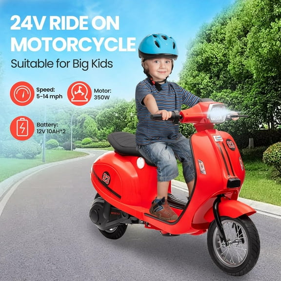 Rugerasy 24V 350W Motorcycle Electric Ride-On,14MPH Max,Waterproof Design,LED Lights & Rear Brake - 132 lbs Max Motorbike for Ages 8-12,Red